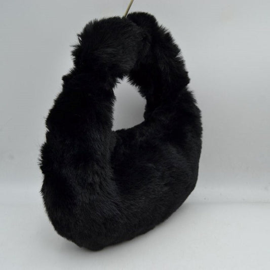 Fluffy Plush Crescent Hobo Handbag with Integrated Top Handle in Clear White - Fluffy Plush Bag