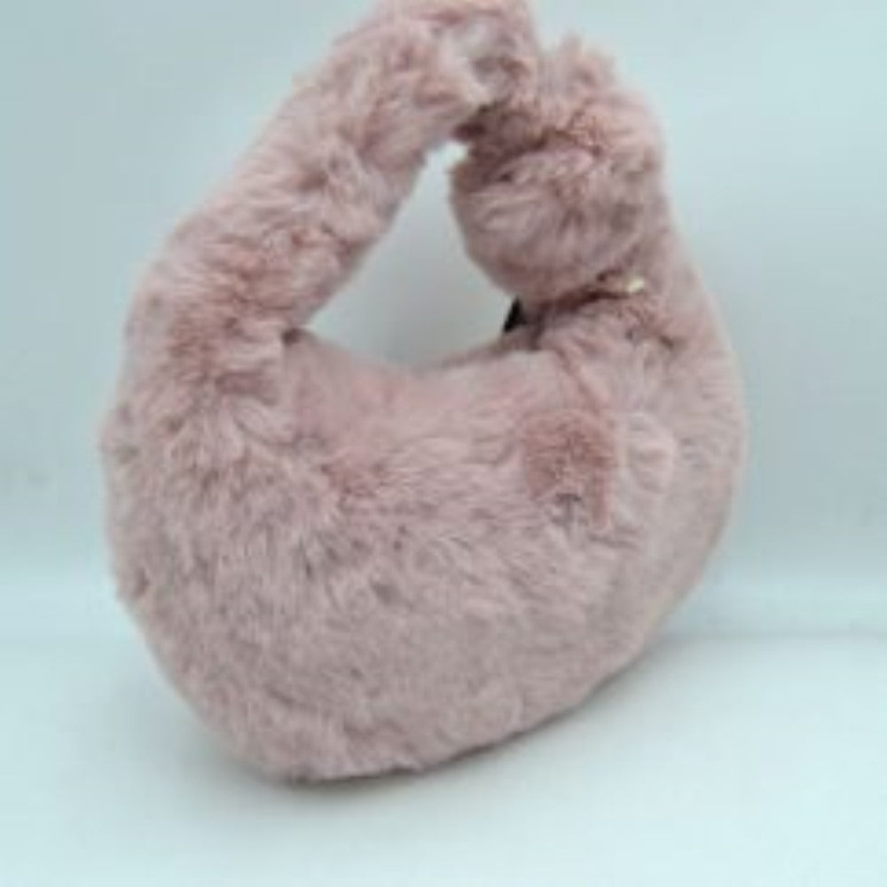 Fluffy Plush Crescent Hobo Handbag with Integrated Top Handle in Black view 2 - Fluffy Plush Bag