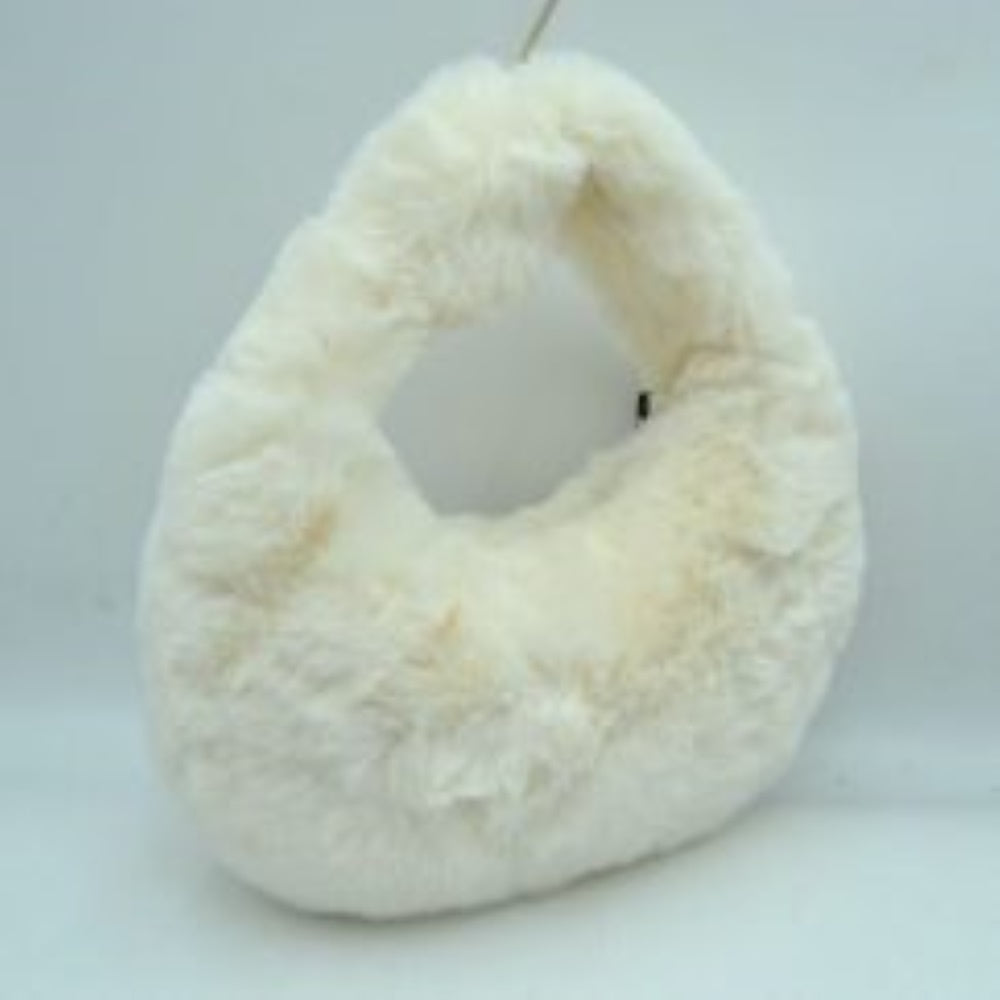 Fluffy Plush Crescent Hobo Handbag with Integrated Top Handle in Coffee view 4 - Fluffy Plush Bag