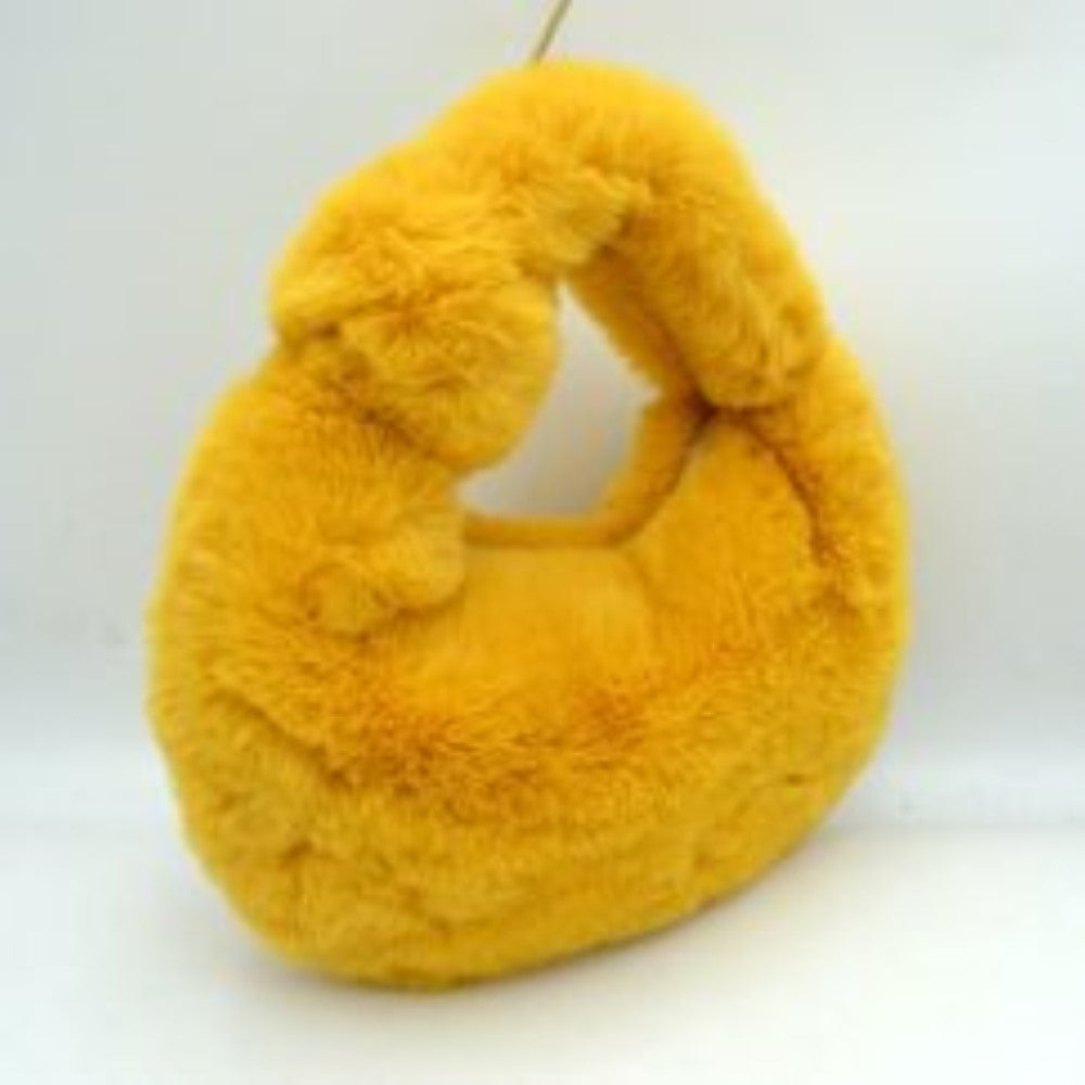Fluffy Plush Crescent Hobo Handbag with Integrated Top Handle in Yellow view 5 - Fluffy Plush Bag