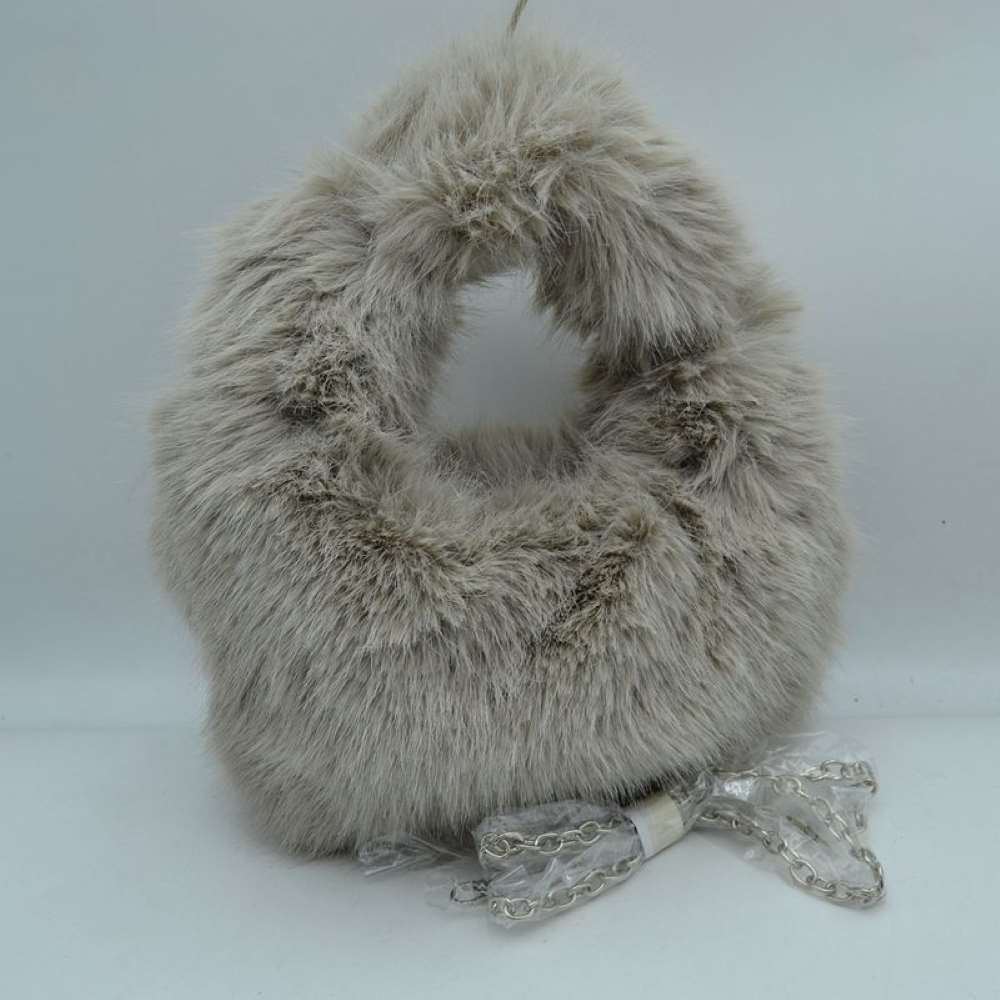 Fluffy Plush Handbag with Integrated Top Handle and Chain Strap in Stone - Fluffy Plush Bag