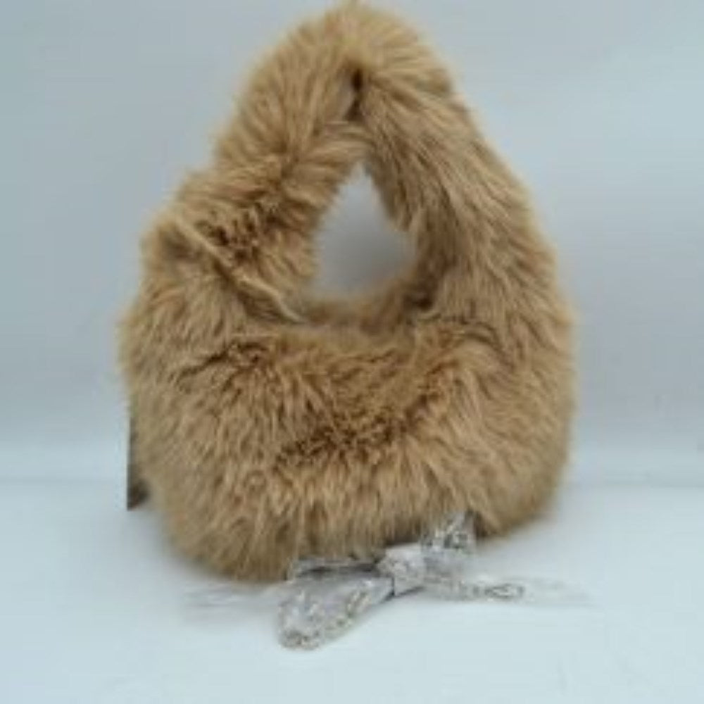 Fluffy Plush Handbag with Integrated Top Handle and Chain Strap in Taupe view 2 - Fluffy Plush Bag