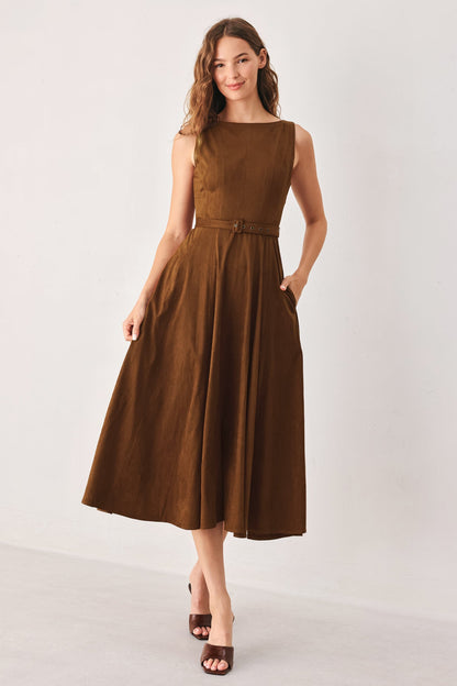 Flying Tomato Amber Tobacco Faux Suede Midi Dress in TOBACCO