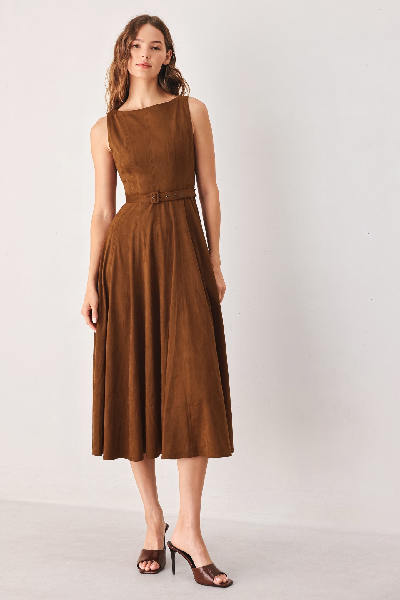 Flying Tomato Amber Tobacco Faux Suede Midi Dress in TOBACCO view 3