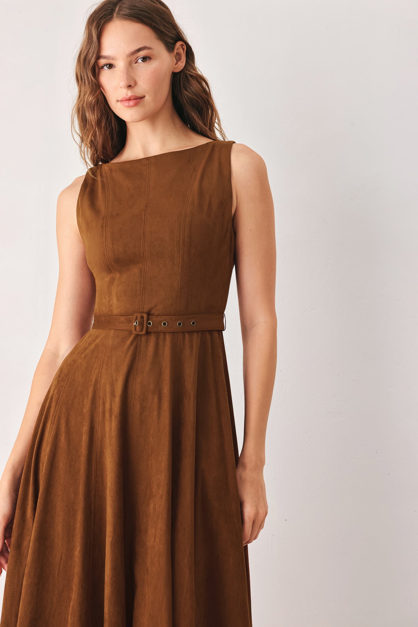 Flying Tomato Amber Tobacco Faux Suede Midi Dress in TOBACCO view 4