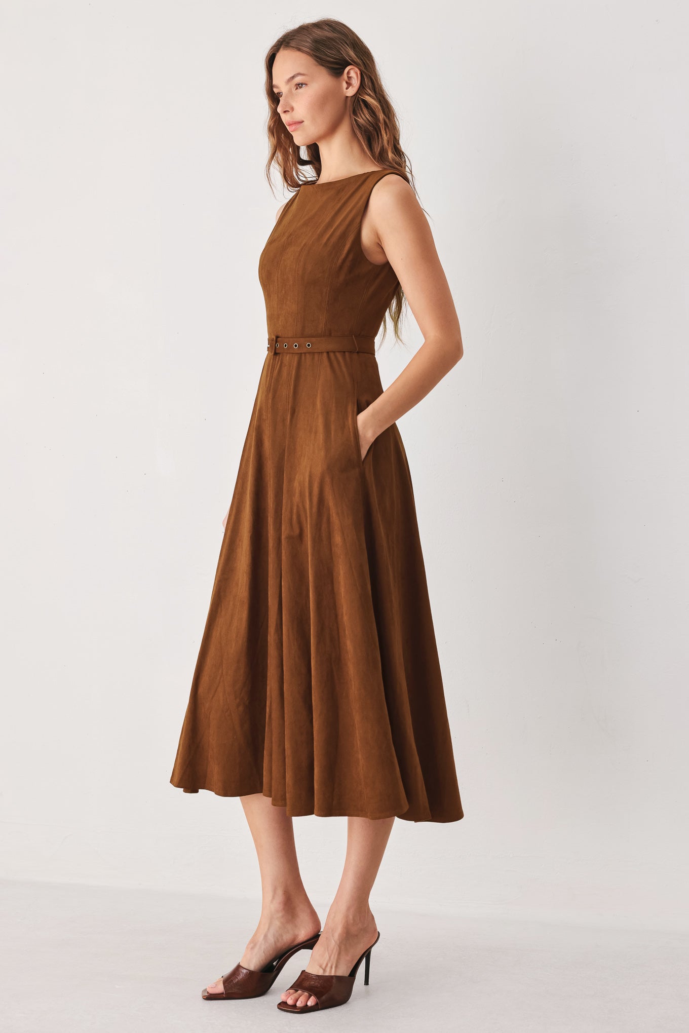 Flying Tomato Amber Tobacco Faux Suede Midi Dress in TOBACCO view 5