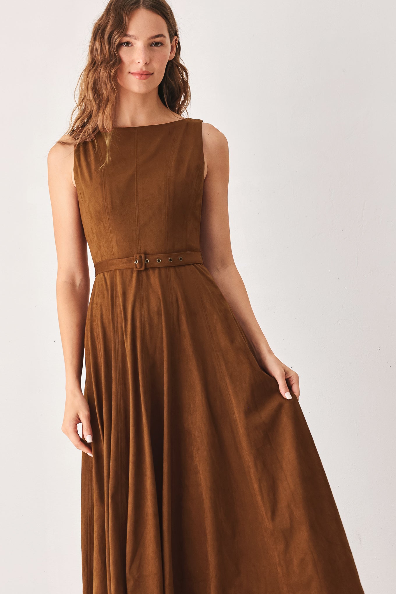 Flying Tomato Amber Tobacco Faux Suede Midi Dress view 7