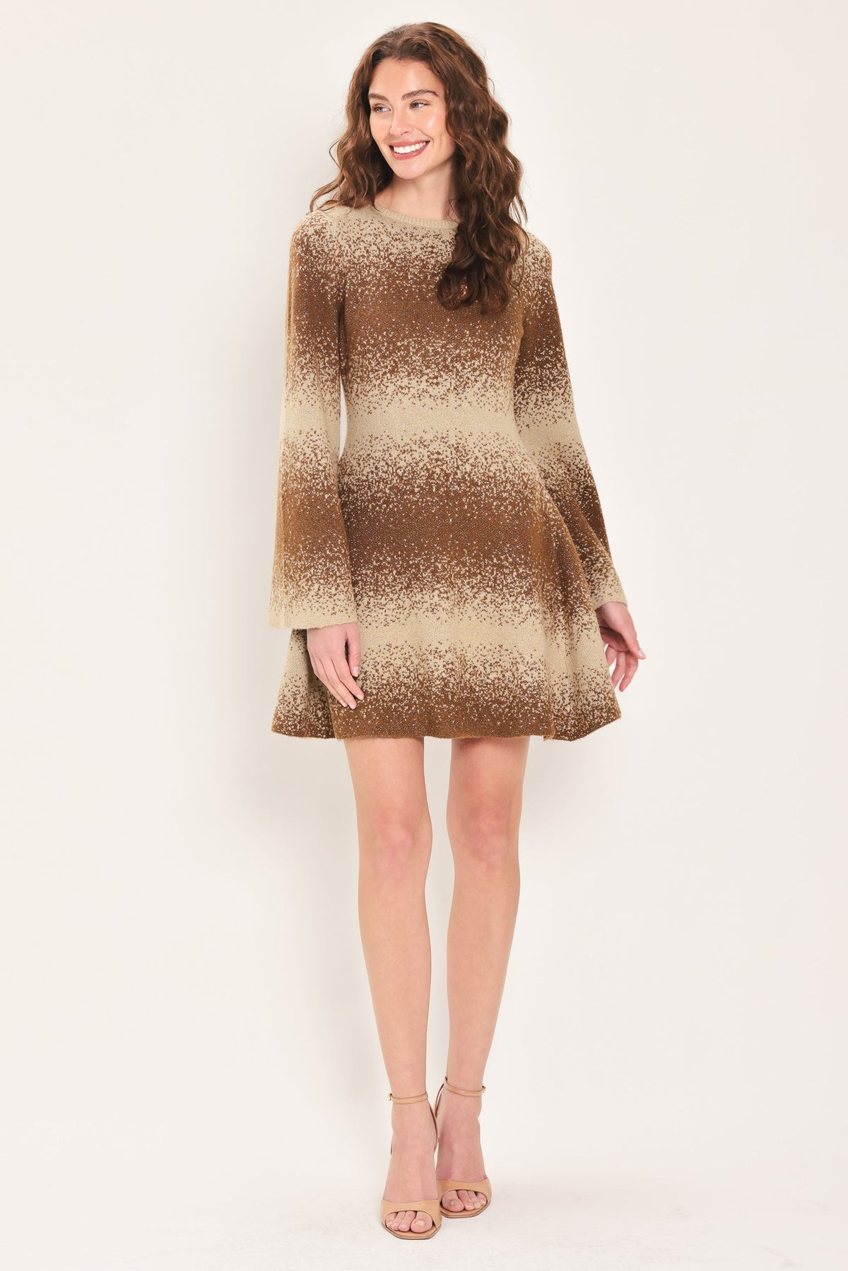 Flying Tomato Autumn Shimmer Brown Multi Lurex Bell-sleeve Mini Dress in BROWN MULTI view 2 - Autumn Sparkle Dress