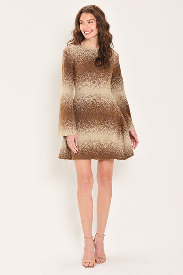 Flying Tomato Autumn Shimmer Brown Multi Lurex Bell-sleeve Mini Dress in BROWN MULTI view 2 - Autumn Sparkle Dress