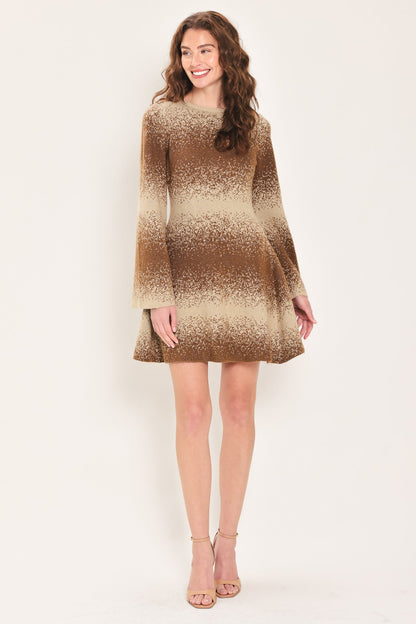 Flying Tomato Autumn Shimmer Brown Multi Lurex Bell-sleeve Mini Dress in BROWN MULTI view 2 - Autumn Sparkle Dress