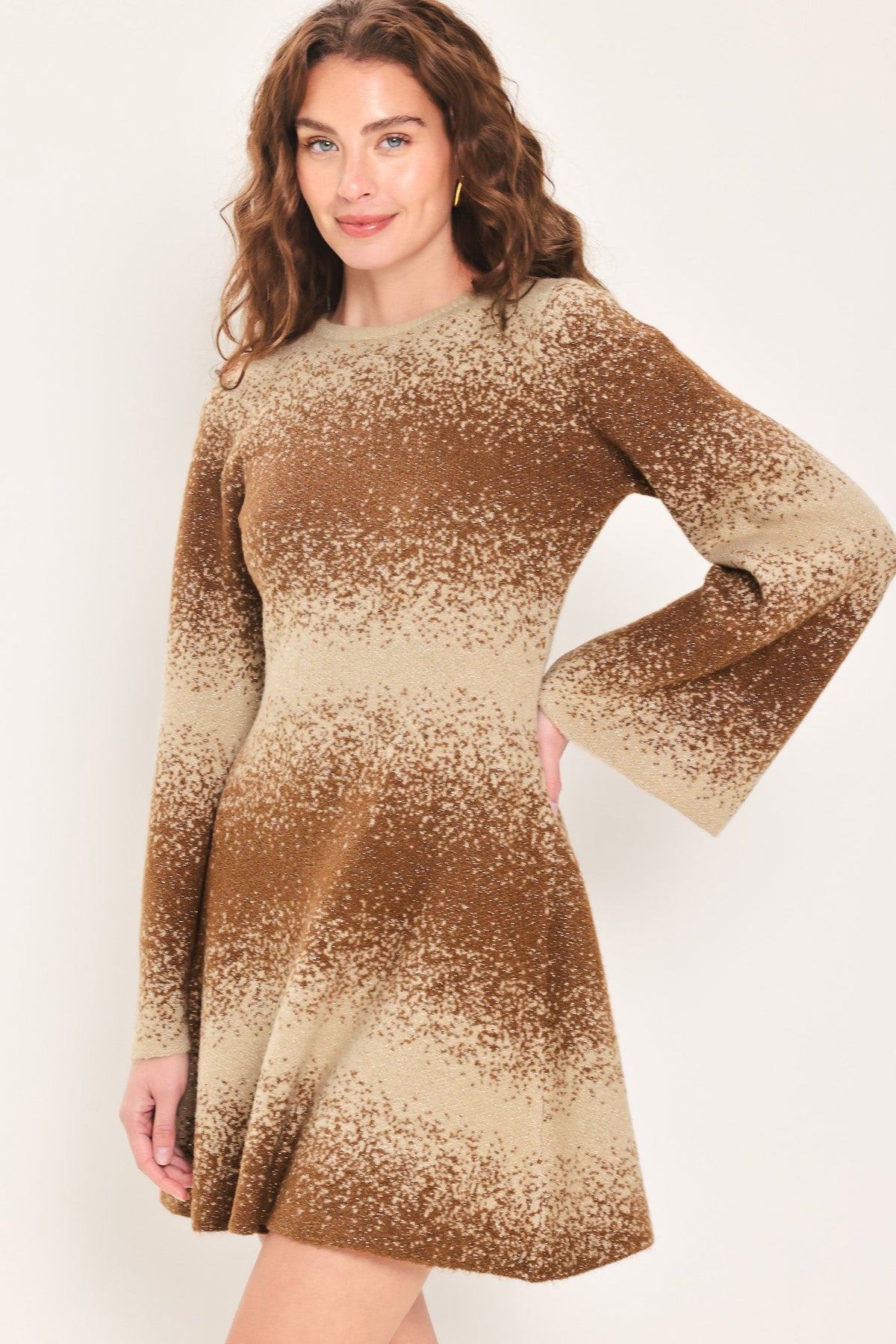 Flying Tomato Autumn Shimmer Brown Multi Lurex Bell-sleeve Mini Dress view 5 - Autumn Sparkle Dress