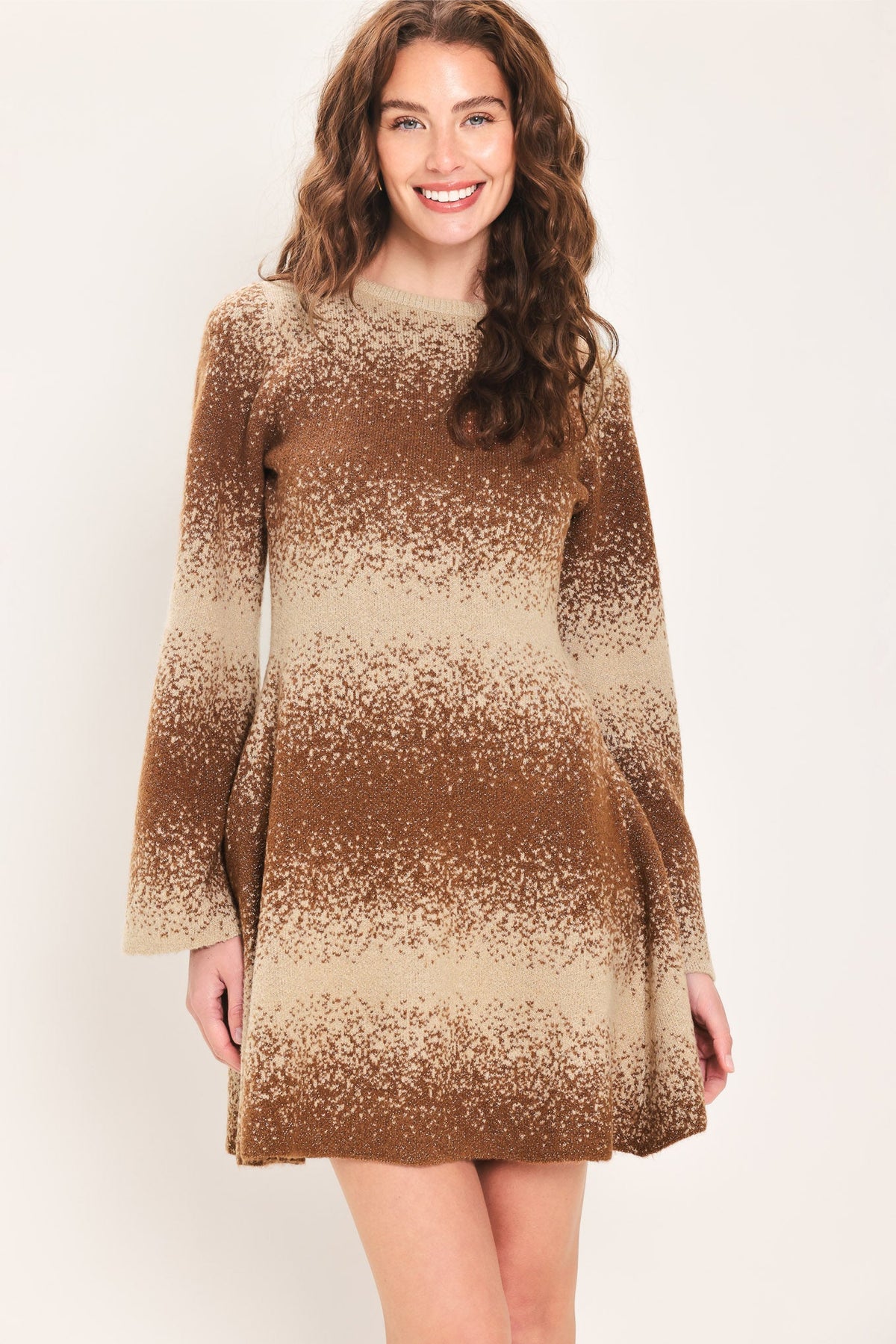 Flying Tomato Autumn Shimmer Brown Multi Lurex Bell-sleeve Mini Dress view 6 - Autumn Sparkle Dress