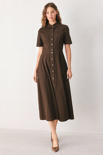 Flying Tomato Bark Brown Vintage Woven Midi Dress - MeeeShop Women's Fashion