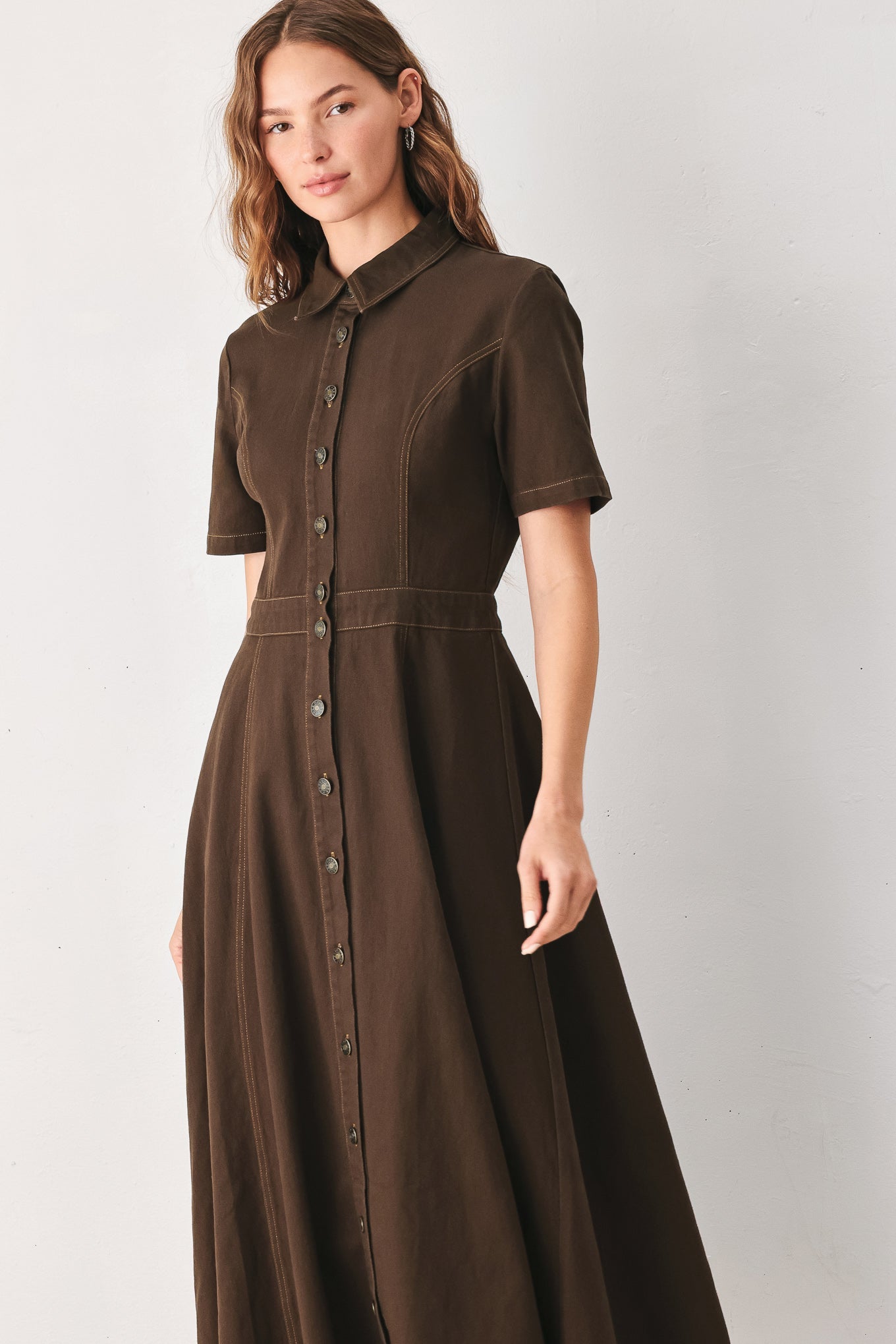 Flying Tomato Bark Brown Vintage Woven Midi Dress in BROWN view 2 - Dark Brown Dress