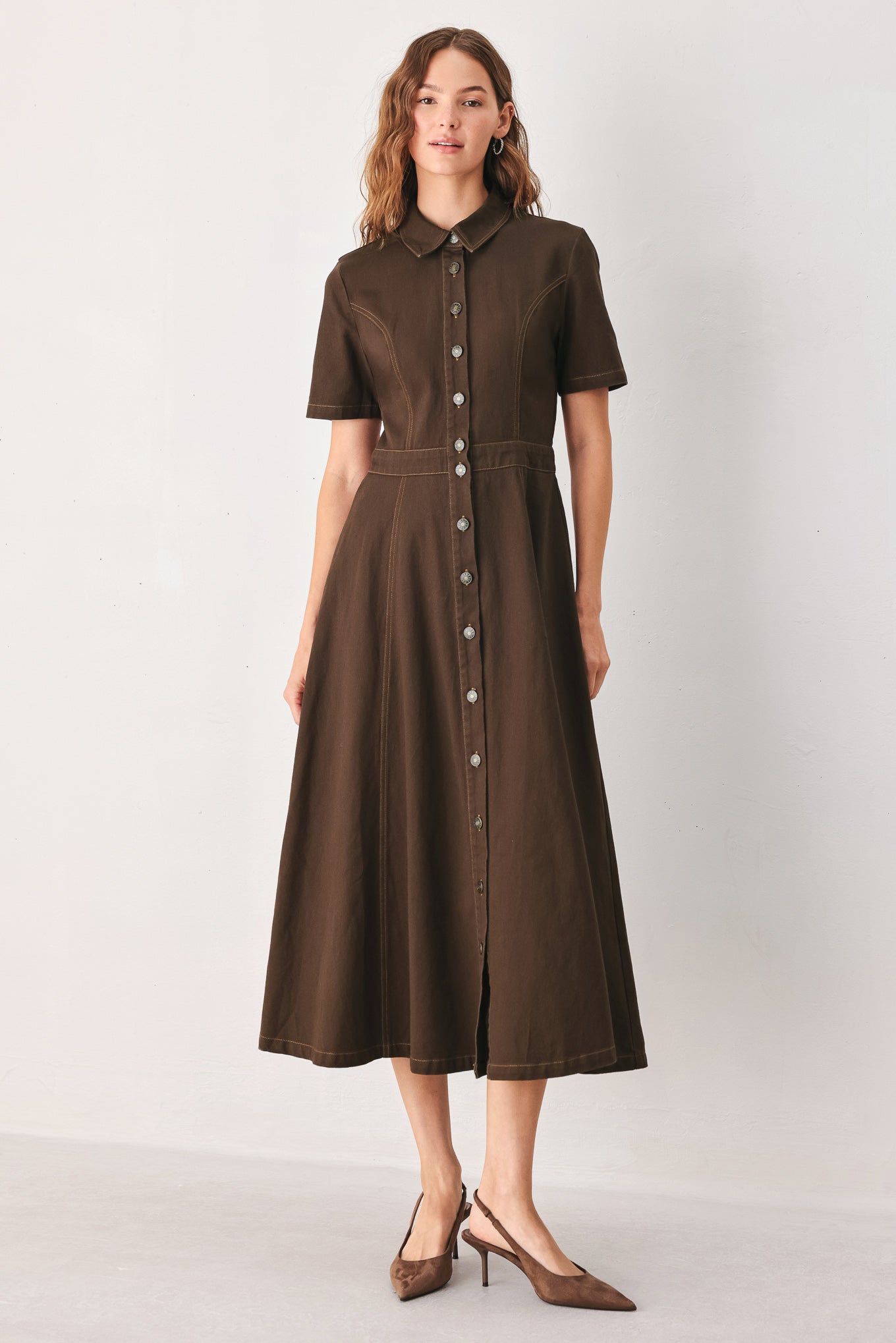 Flying Tomato Bark Brown Vintage Woven Midi Dress in BROWN view 3 - Dark Brown Dress