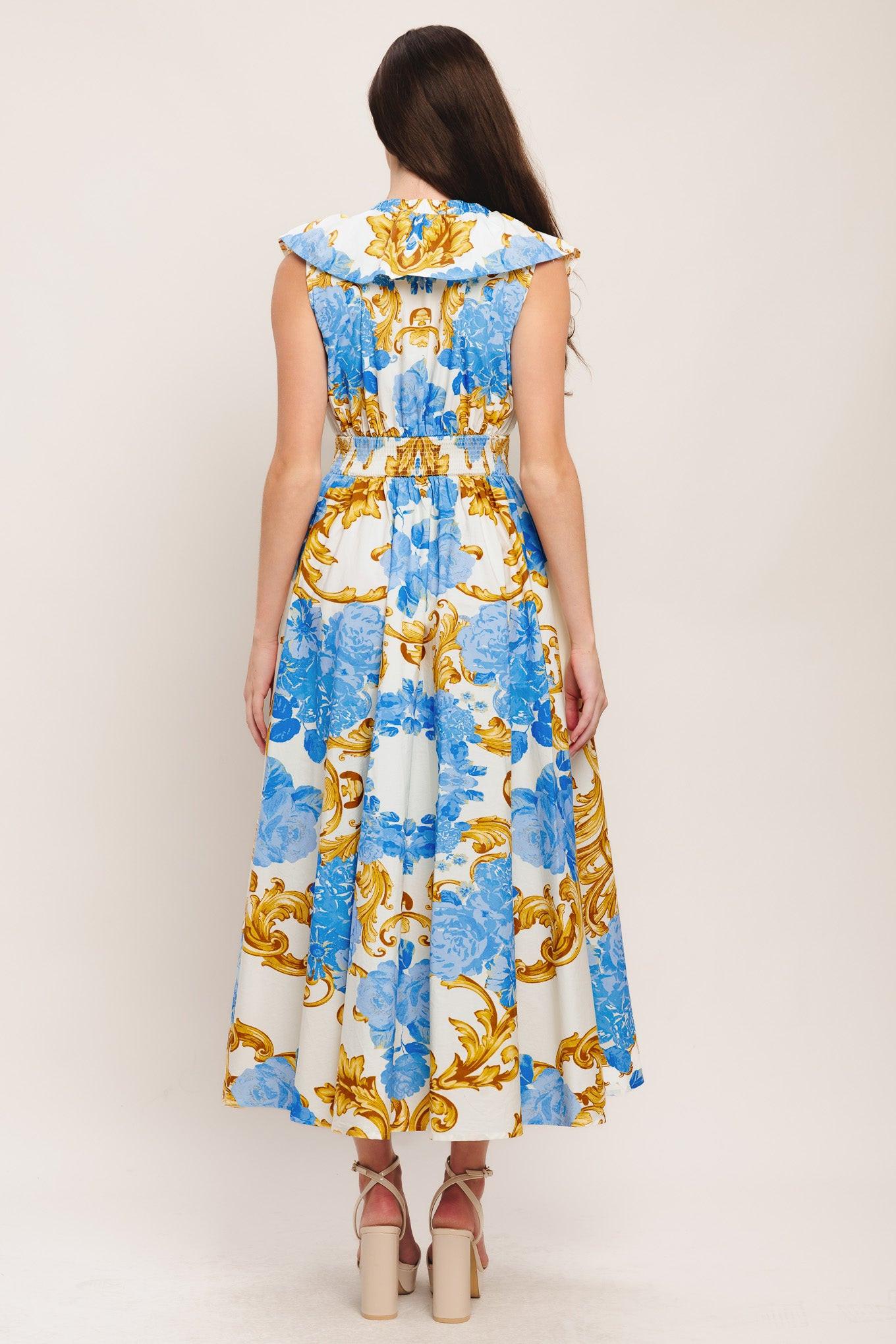 Flying Tomato Baroque Bloom Woven Midi Dress in OFF WHITE BLUE GOLD view 2 - Where To Buy