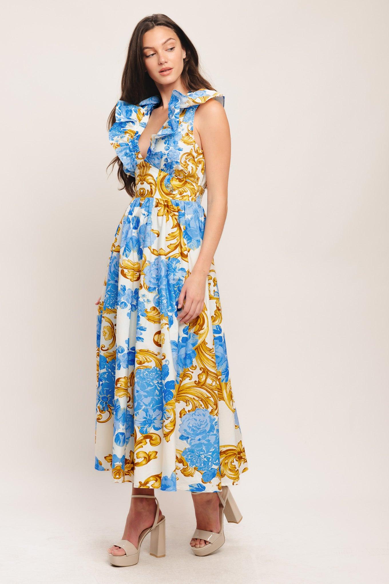 Flying Tomato Baroque Bloom Woven Midi Dress in OFF WHITE BLUE GOLD view 4 - Where To Buy