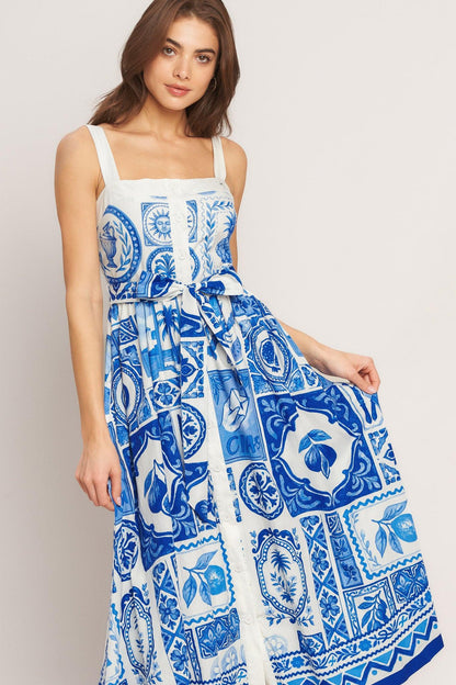 Flying Tomato Blue Majolica Charm Woven Midi Dress view 7 - Blue Majolica Print Dress