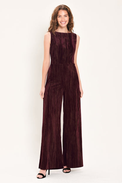 Flying Tomato Bordeaux Nights Burgundy Textured Velvet Wide-leg Jumpsuit in BURGUNDY view 3 (one-piece)