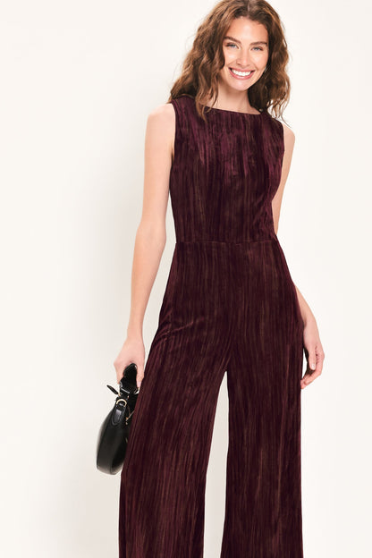 Flying Tomato Bordeaux Nights Burgundy Textured Velvet Wide-leg Jumpsuit in BURGUNDY view 4 (one-piece)