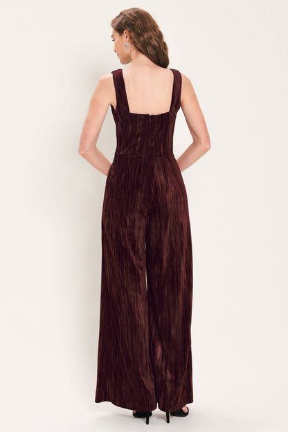 Flying Tomato Bordeaux Nights Burgundy Textured Velvet Wide-leg Jumpsuit in BURGUNDY view 6 (one-piece)
