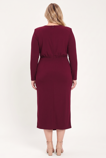 Flying Tomato Bordeaux Sculpt Burgundy Gathered Hardware Midi Dress view 10