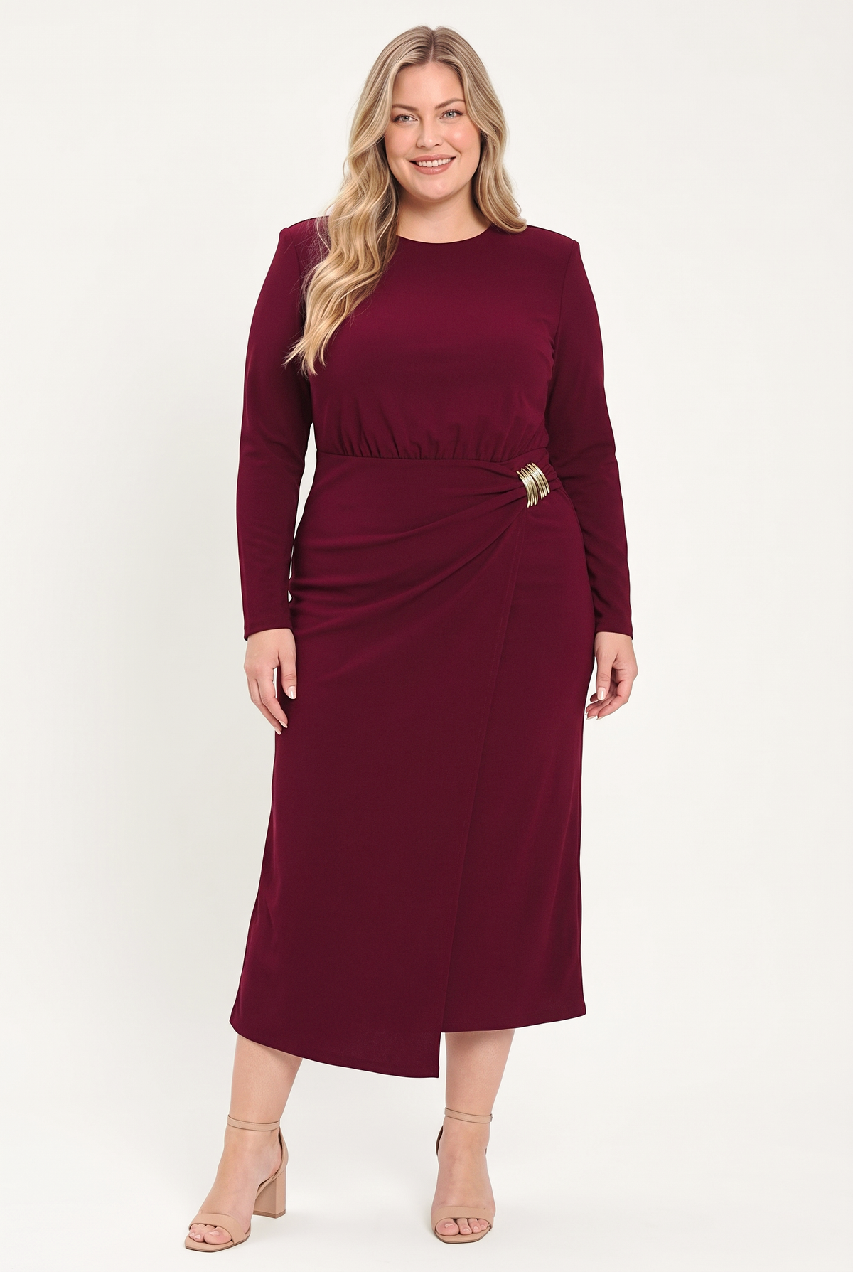 Flying Tomato Bordeaux Sculpt Burgundy Gathered Hardware Midi Dress view 12