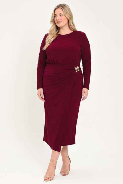 Flying Tomato Bordeaux Sculpt Burgundy Gathered Hardware Midi Dress view 13