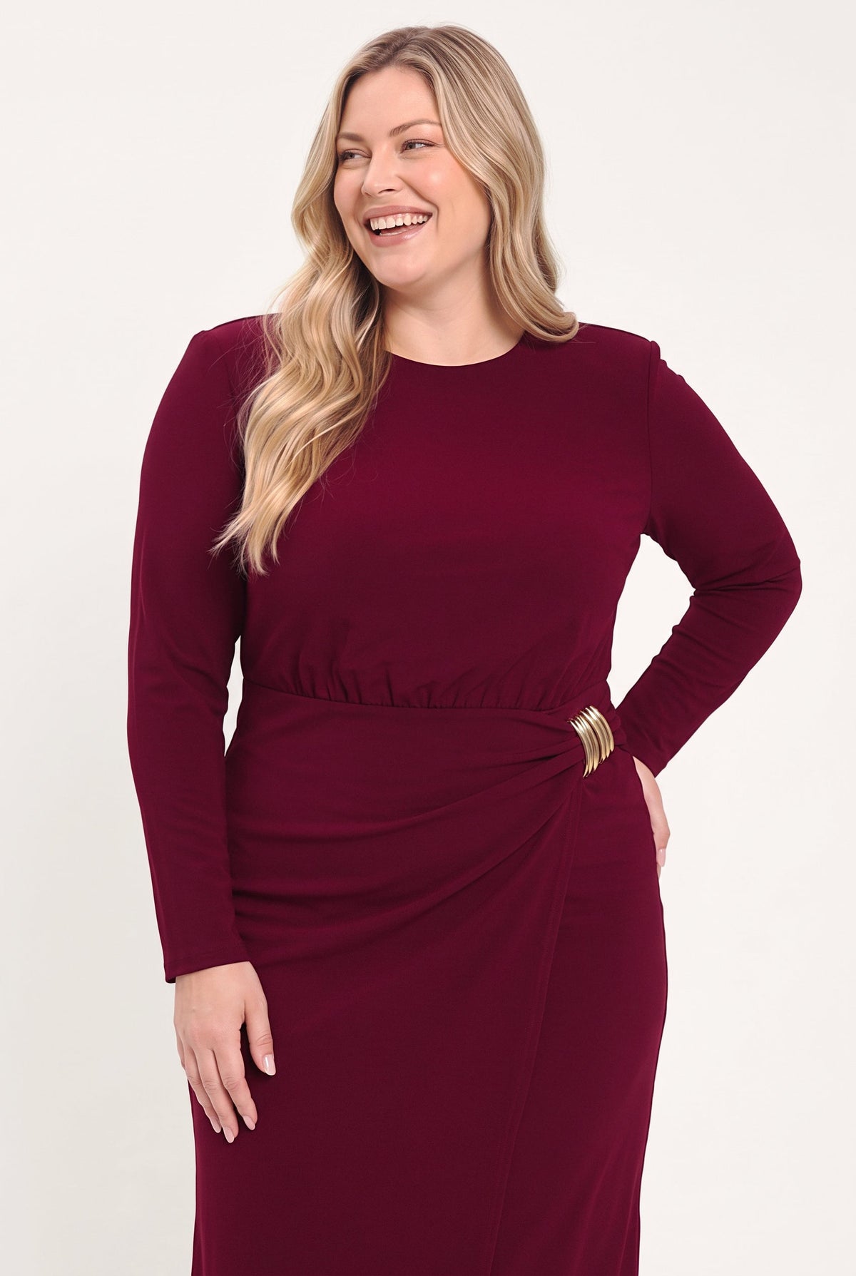 Flying Tomato Bordeaux Sculpt Burgundy Gathered Hardware Midi Dress view 14