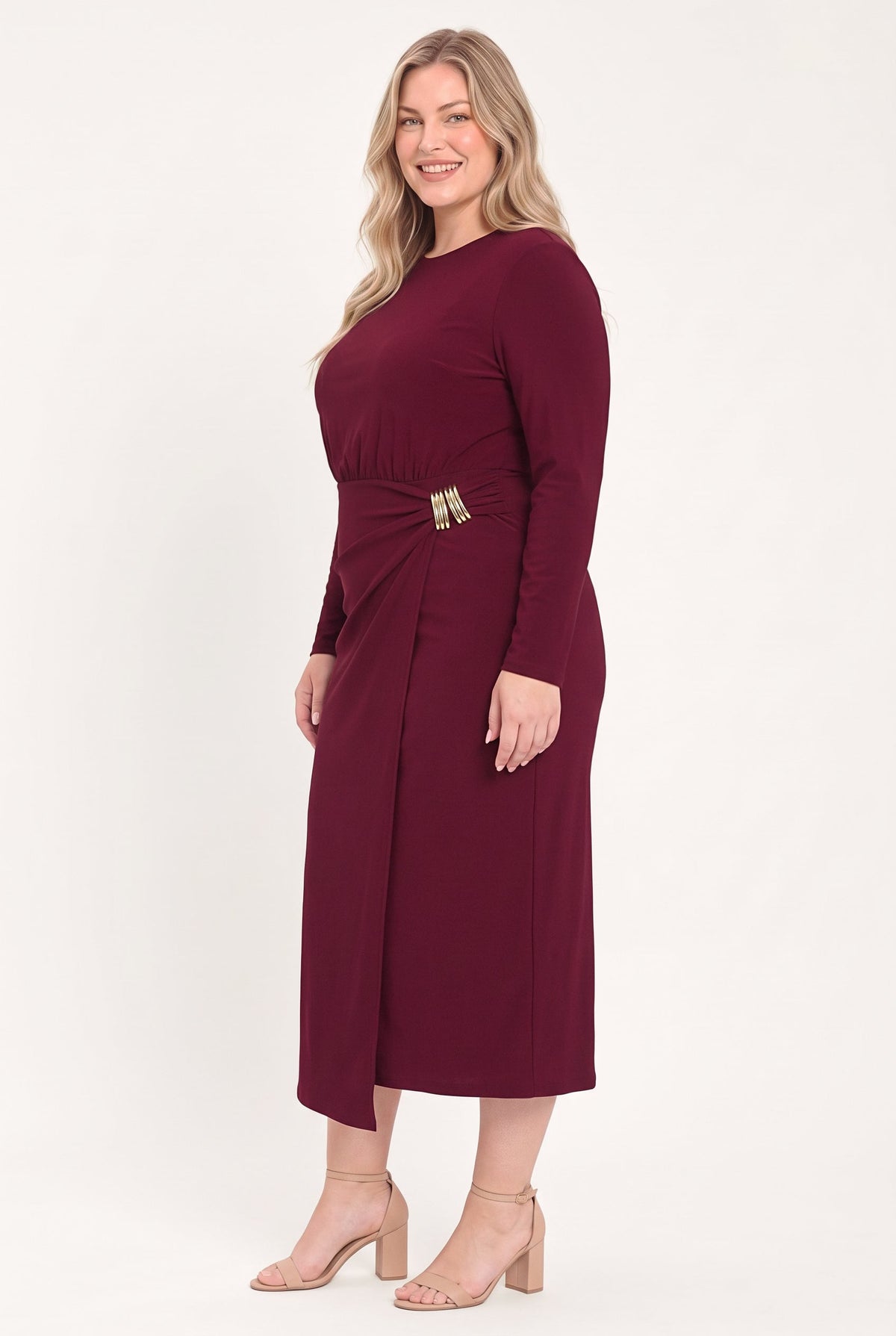 Flying Tomato Bordeaux Sculpt Burgundy Gathered Hardware Midi Dress view 15