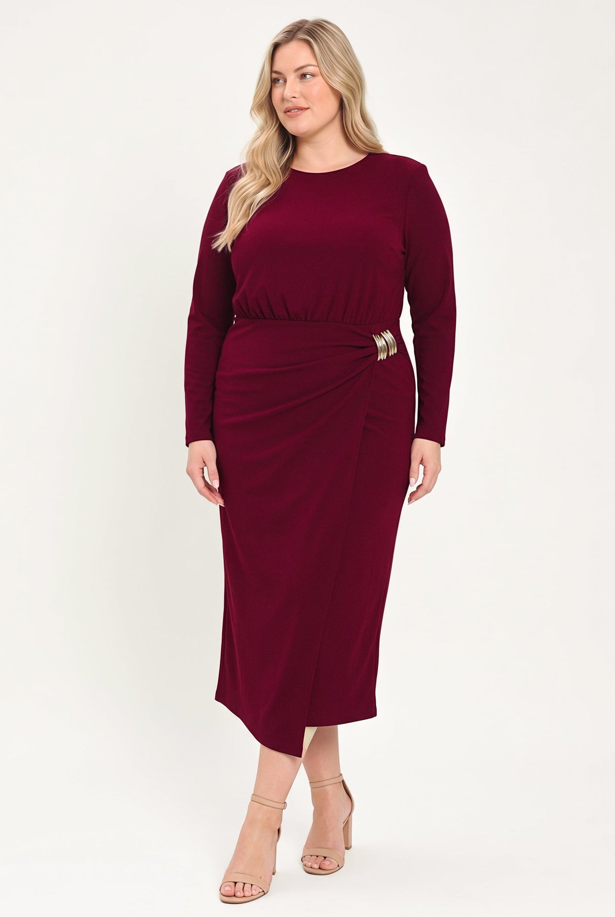 Flying Tomato Bordeaux Sculpt Burgundy Gathered Hardware Midi Dress view 16