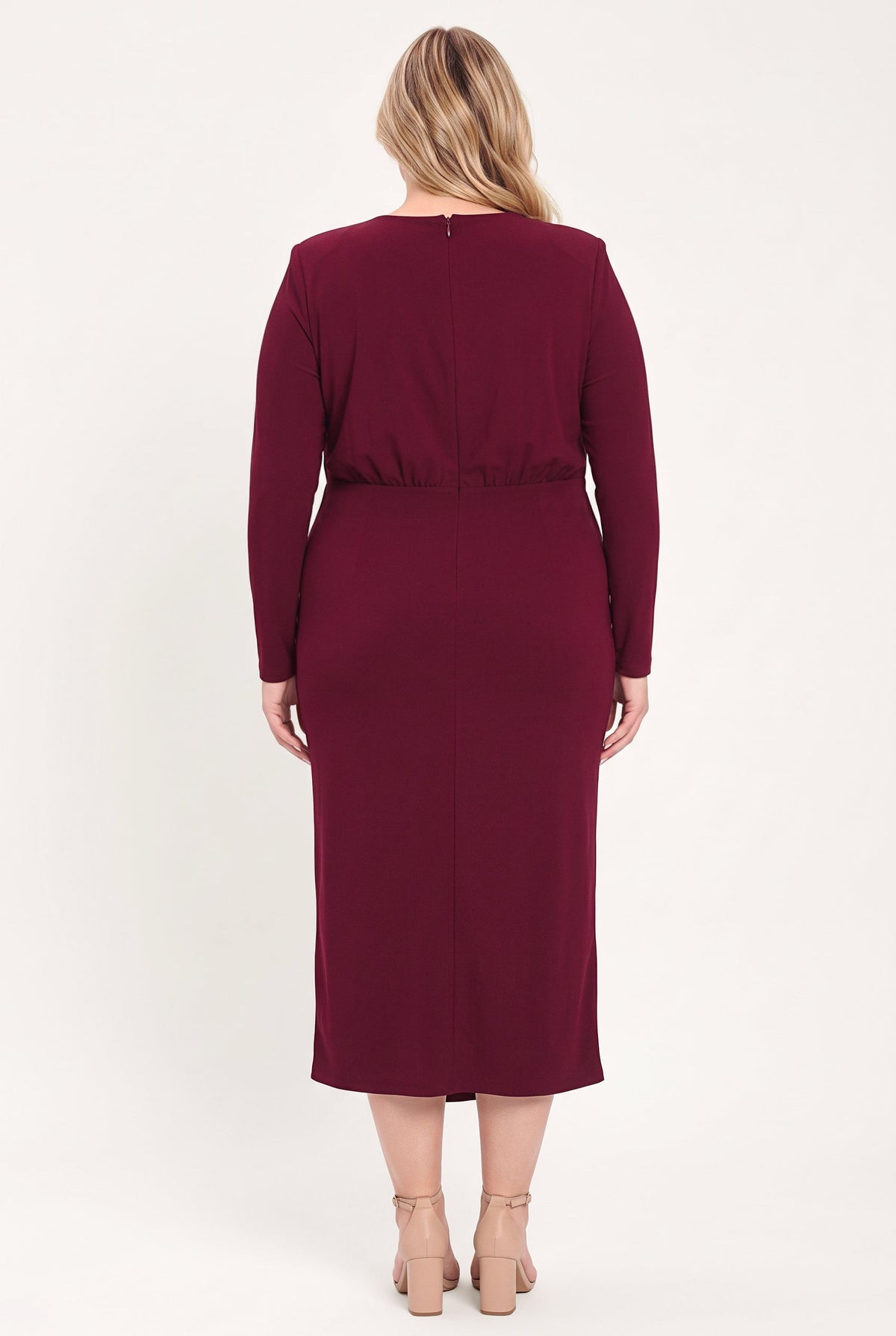 Flying Tomato Bordeaux Sculpt Burgundy Gathered Hardware Midi Dress view 17