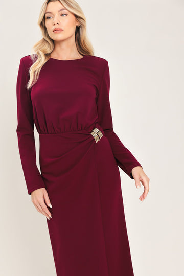Flying Tomato Bordeaux Sculpt Burgundy Gathered Hardware Midi Dress in BURGUNDY view 2