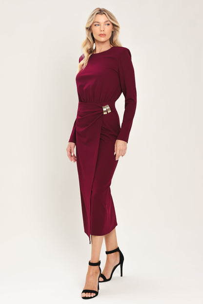 Flying Tomato Bordeaux Sculpt Burgundy Gathered Hardware Midi Dress in BURGUNDY view 5
