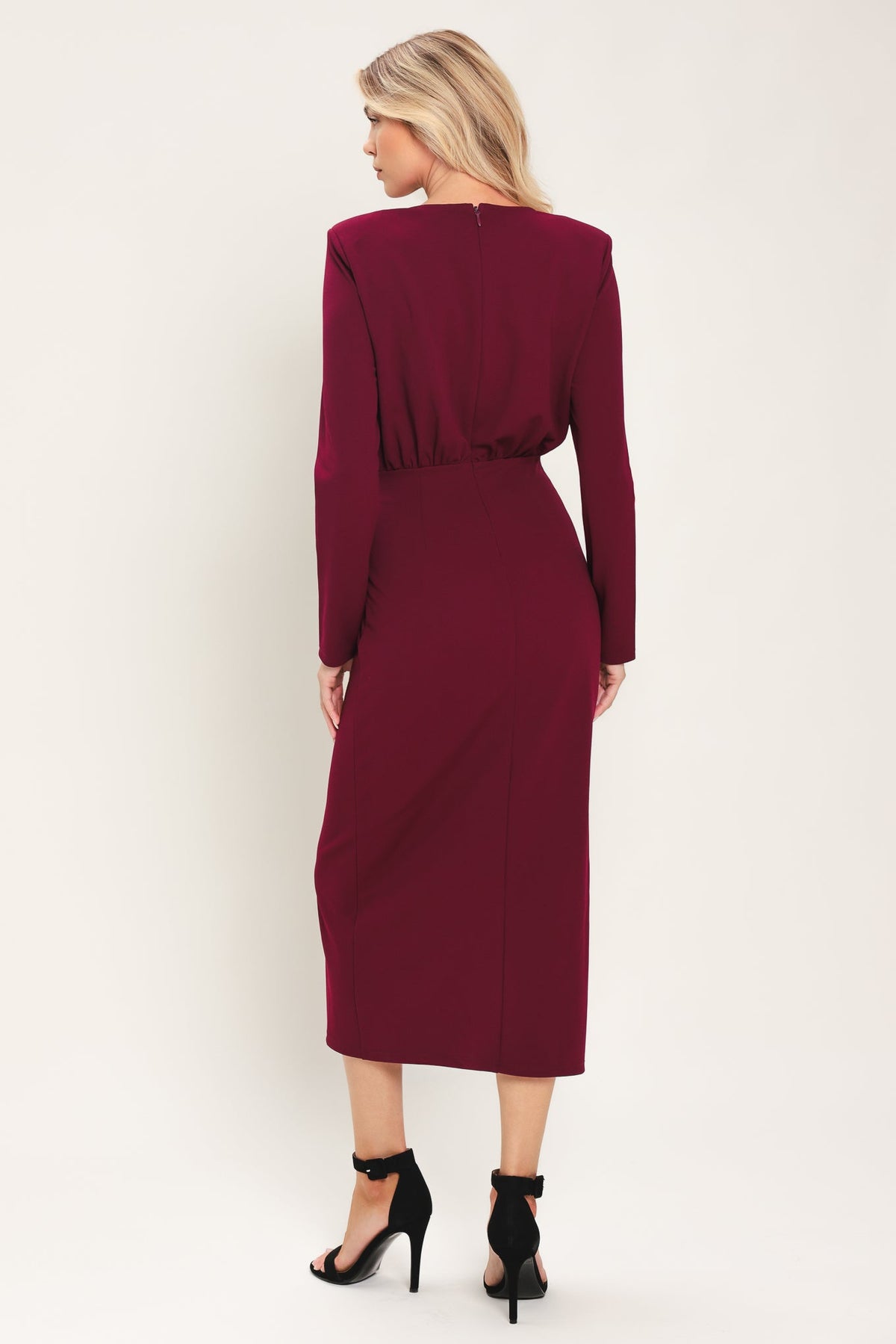 Flying Tomato Bordeaux Sculpt Burgundy Gathered Hardware Midi Dress in BURGUNDY view 6