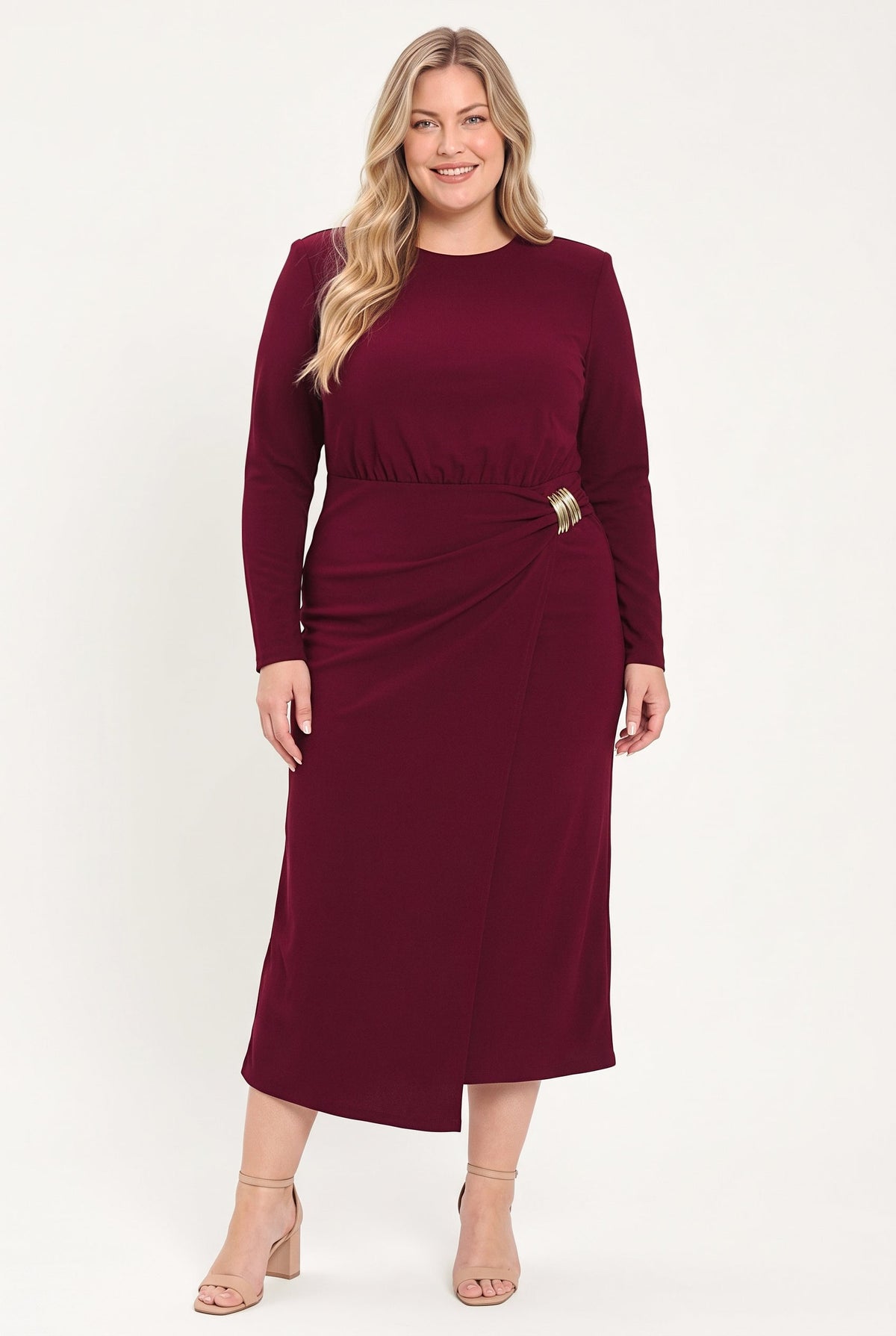 Flying Tomato Bordeaux Sculpt Burgundy Gathered Hardware Midi Dress view 8