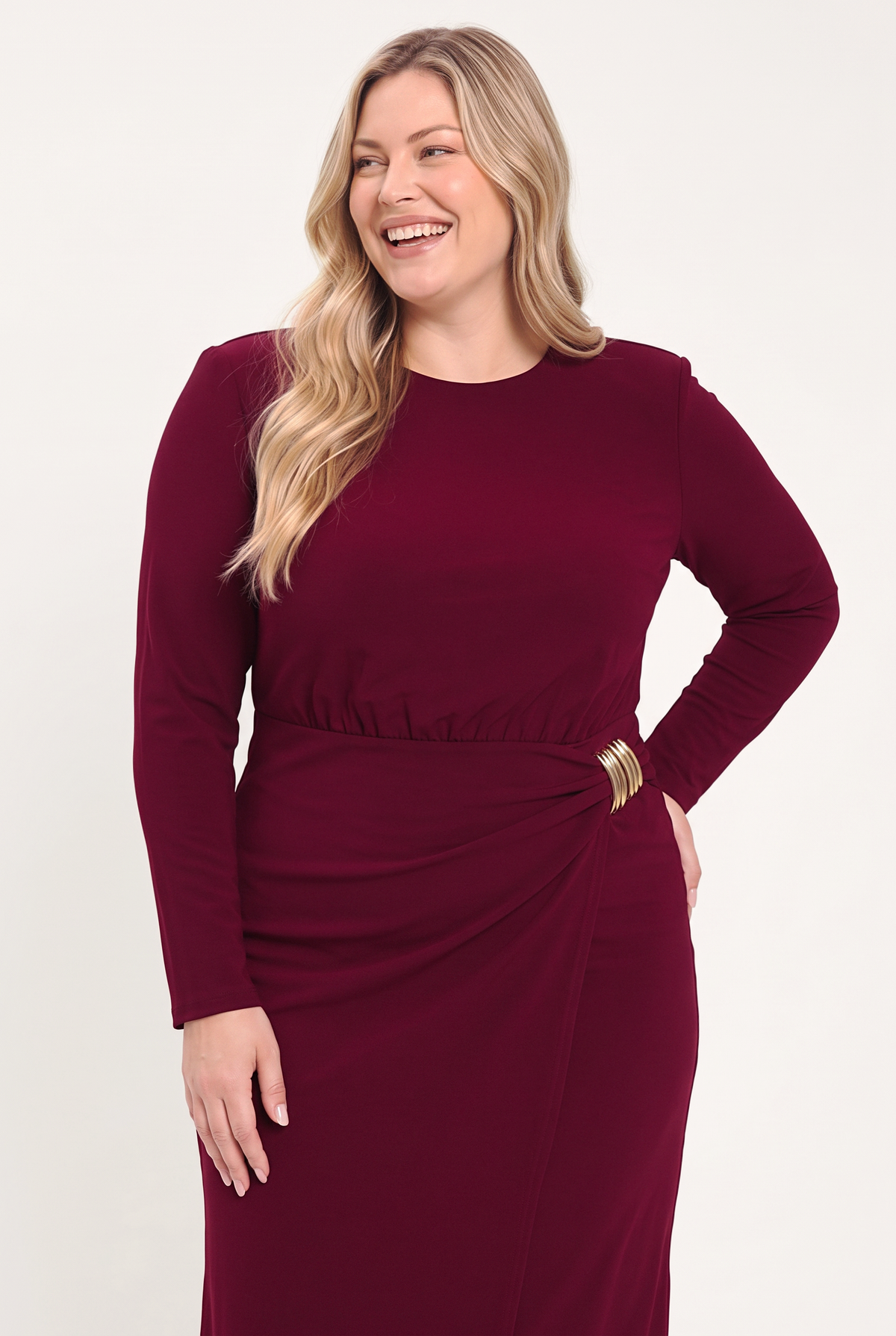Flying Tomato Bordeaux Sculpt Burgundy Gathered Hardware Midi Dress view 9