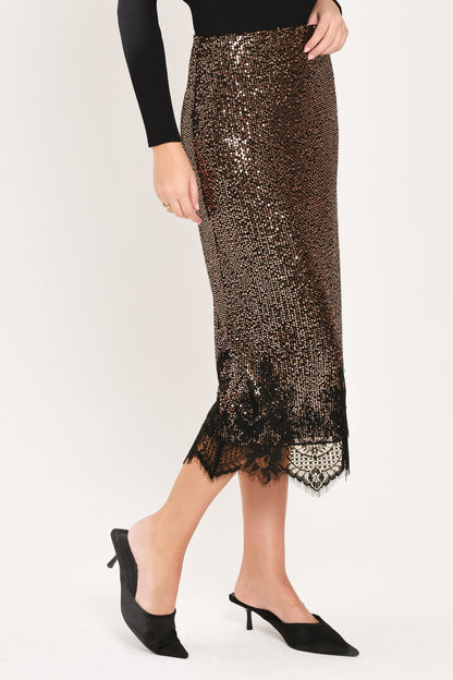 Flying Tomato Bronze Luster Bronze/black Sequin Lace-hem Midi Skirt view 11 (dress)