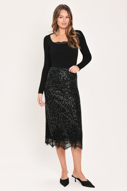 Flying Tomato Bronze Luster Bronze/black Sequin Lace-hem Midi Skirt in BRONZE view 3 (dress)