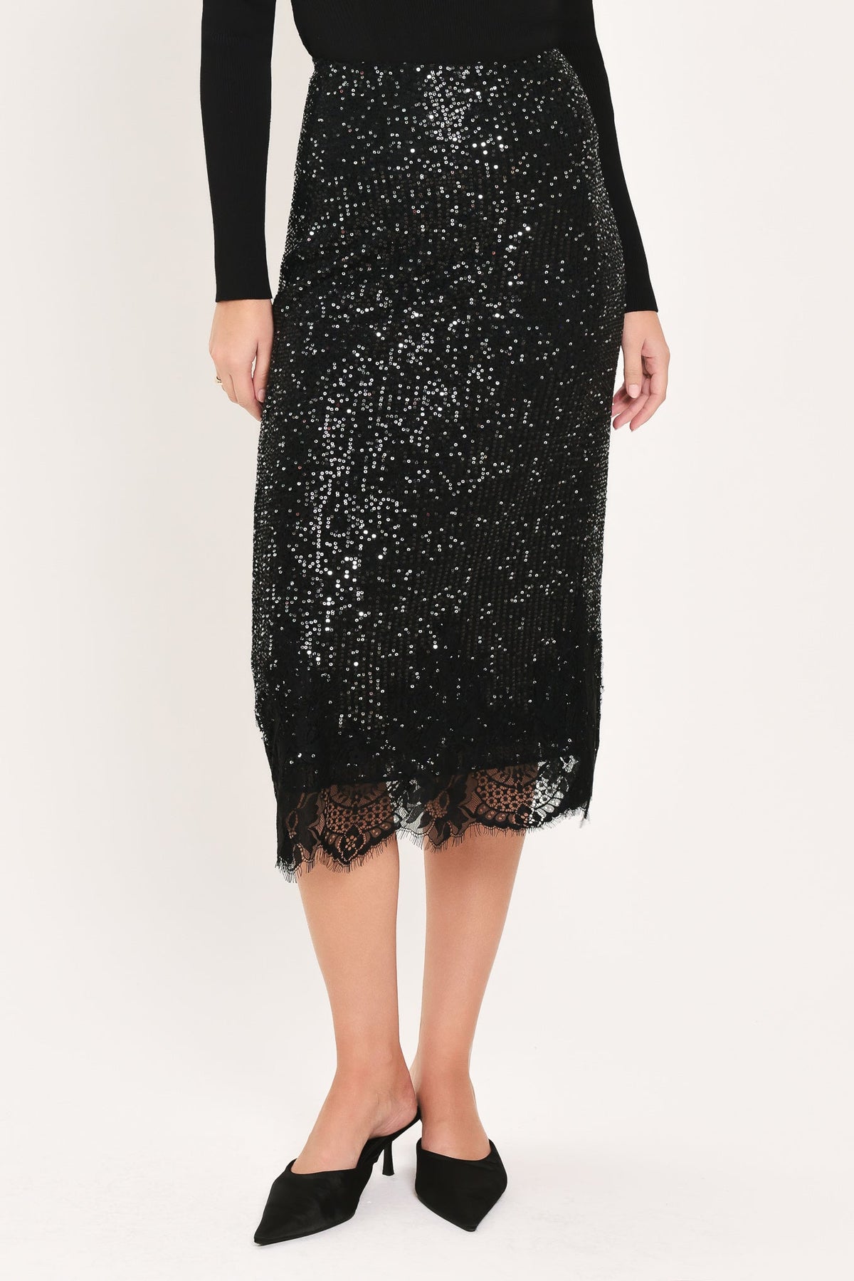 Flying Tomato Bronze Luster Bronze/black Sequin Lace-hem Midi Skirt in BLACK view 4 (dress)