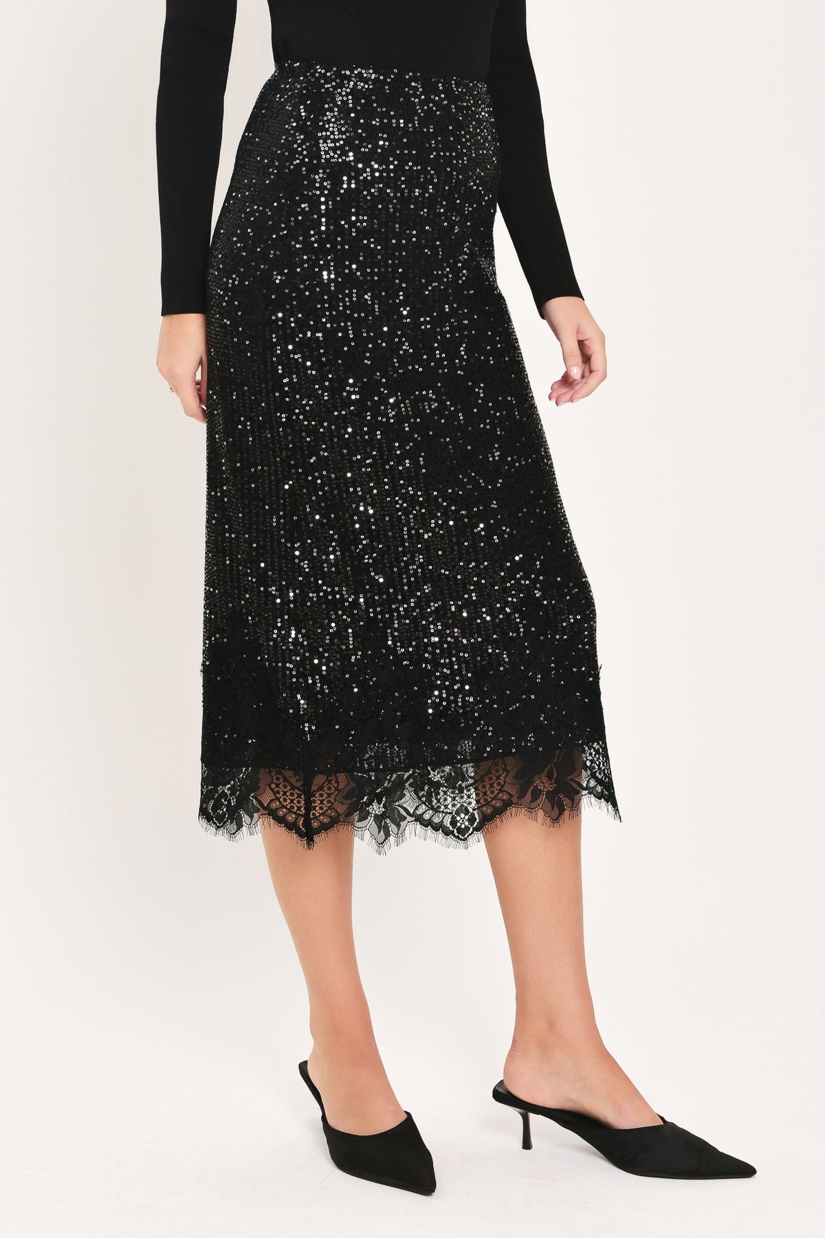 Flying Tomato Bronze Luster Bronze/black Sequin Lace-hem Midi Skirt in BLACK view 6 (dress)