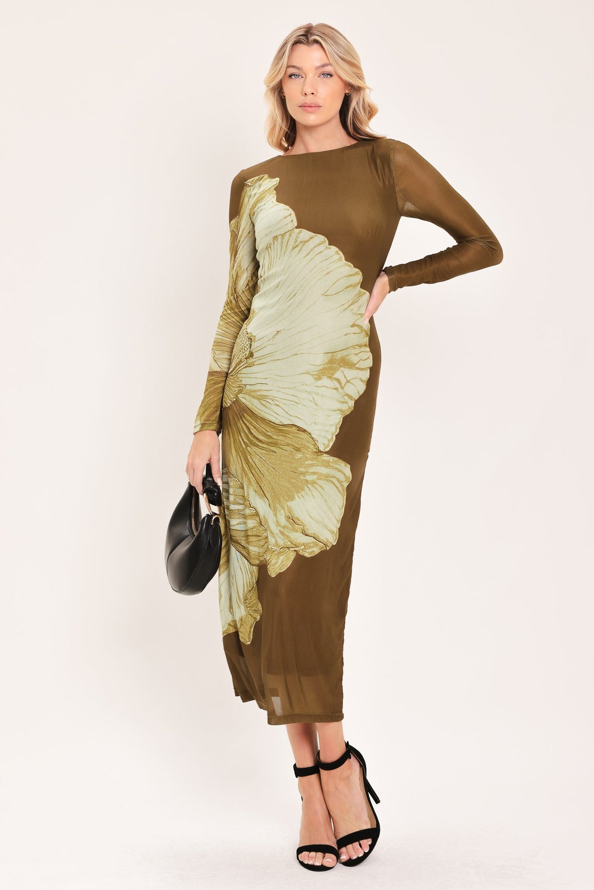 Flying Tomato Brown Blossom Contour Power Mesh Midi Dress in BROWN - Brown Flower Dress