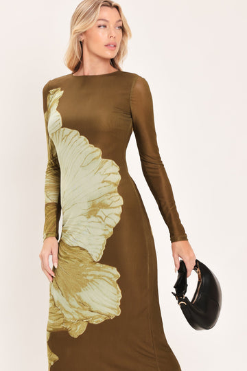 Flying Tomato Brown Blossom Contour Power Mesh Midi Dress in BROWN view 2 - Brown Flower Dress