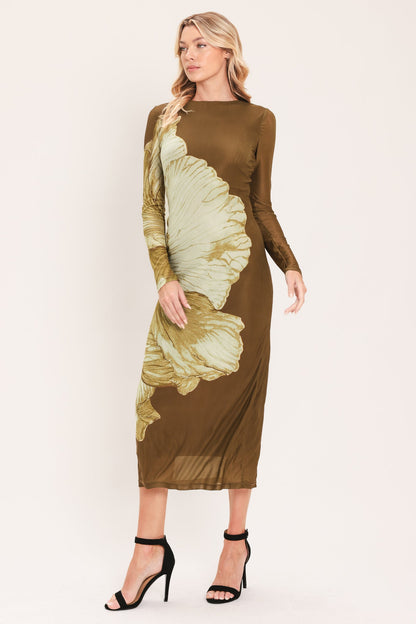 Flying Tomato Brown Blossom Contour Power Mesh Midi Dress in BROWN view 3 - Brown Flower Dress