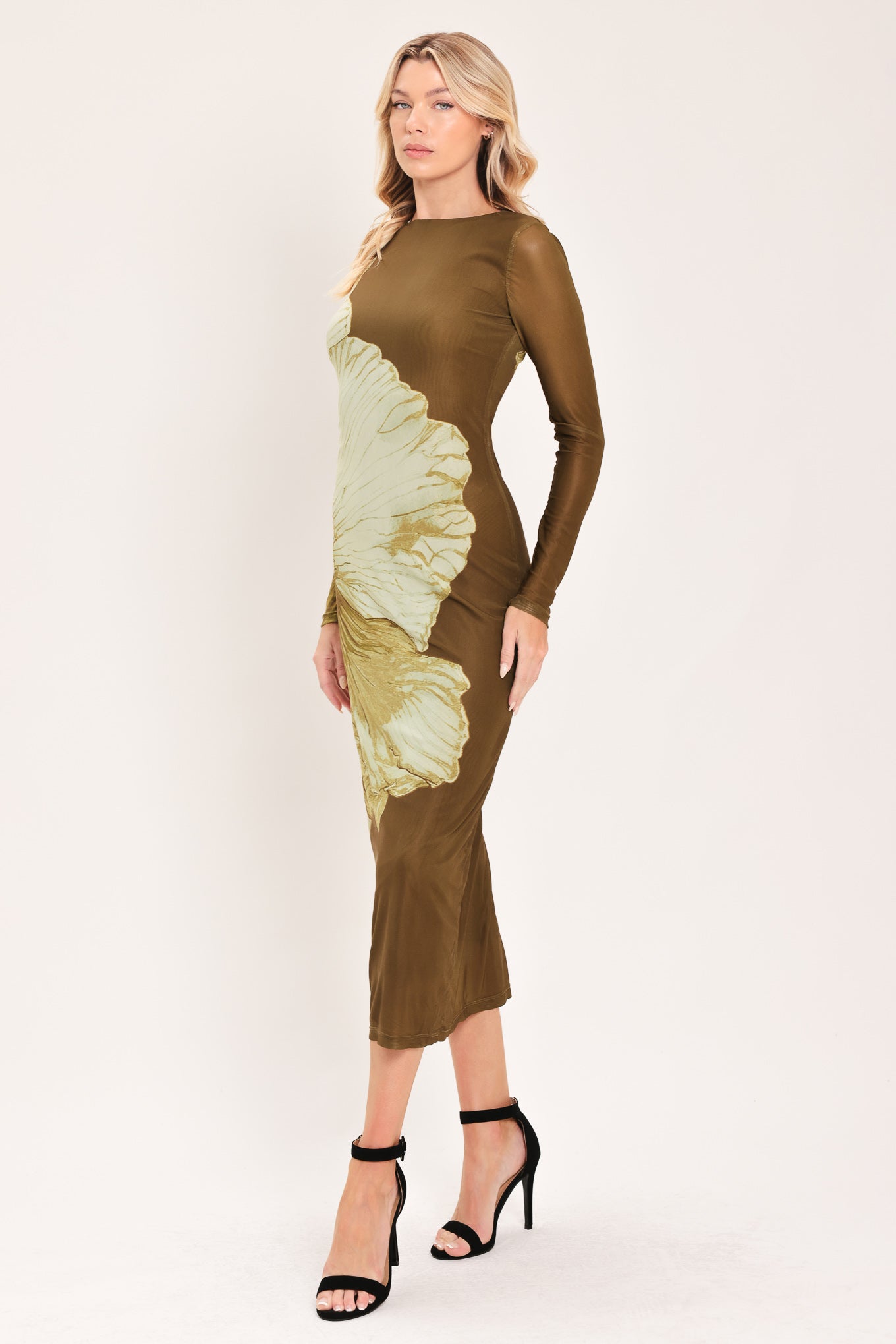 Flying Tomato Brown Blossom Contour Power Mesh Midi Dress in BROWN view 4 - Brown Flower Dress