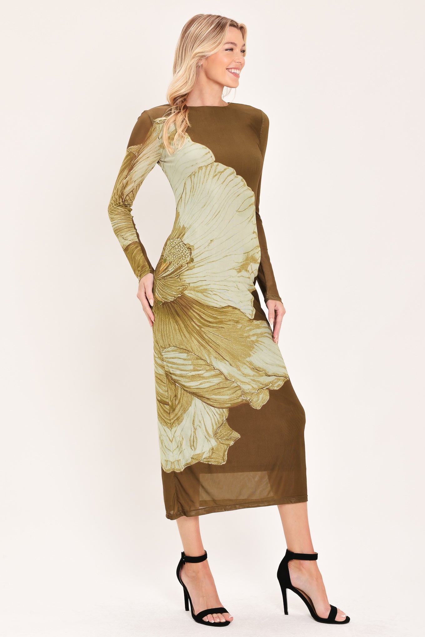 Flying Tomato Brown Blossom Contour Power Mesh Midi Dress in BROWN view 5 - Brown Flower Dress