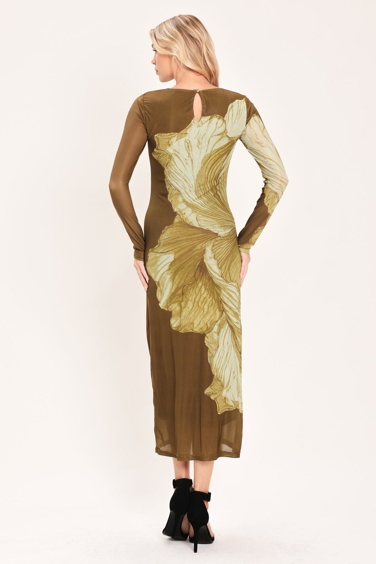 Flying Tomato Brown Blossom Contour Power Mesh Midi Dress in BROWN view 6 - Brown Flower Dress