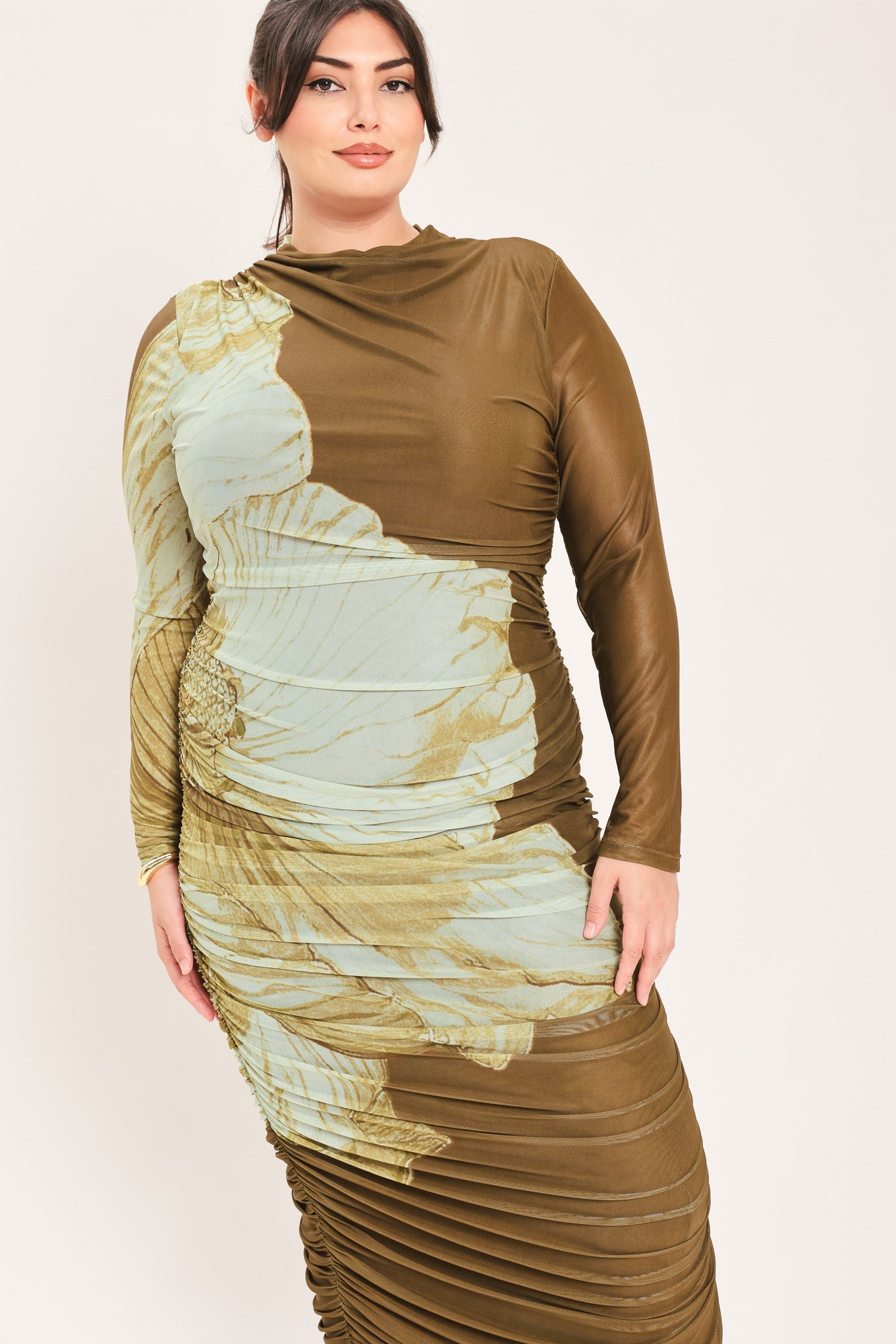 Flying Tomato Brown Blossom Contour Power Mesh Midi Dress view 7 - Brown Flower Dress