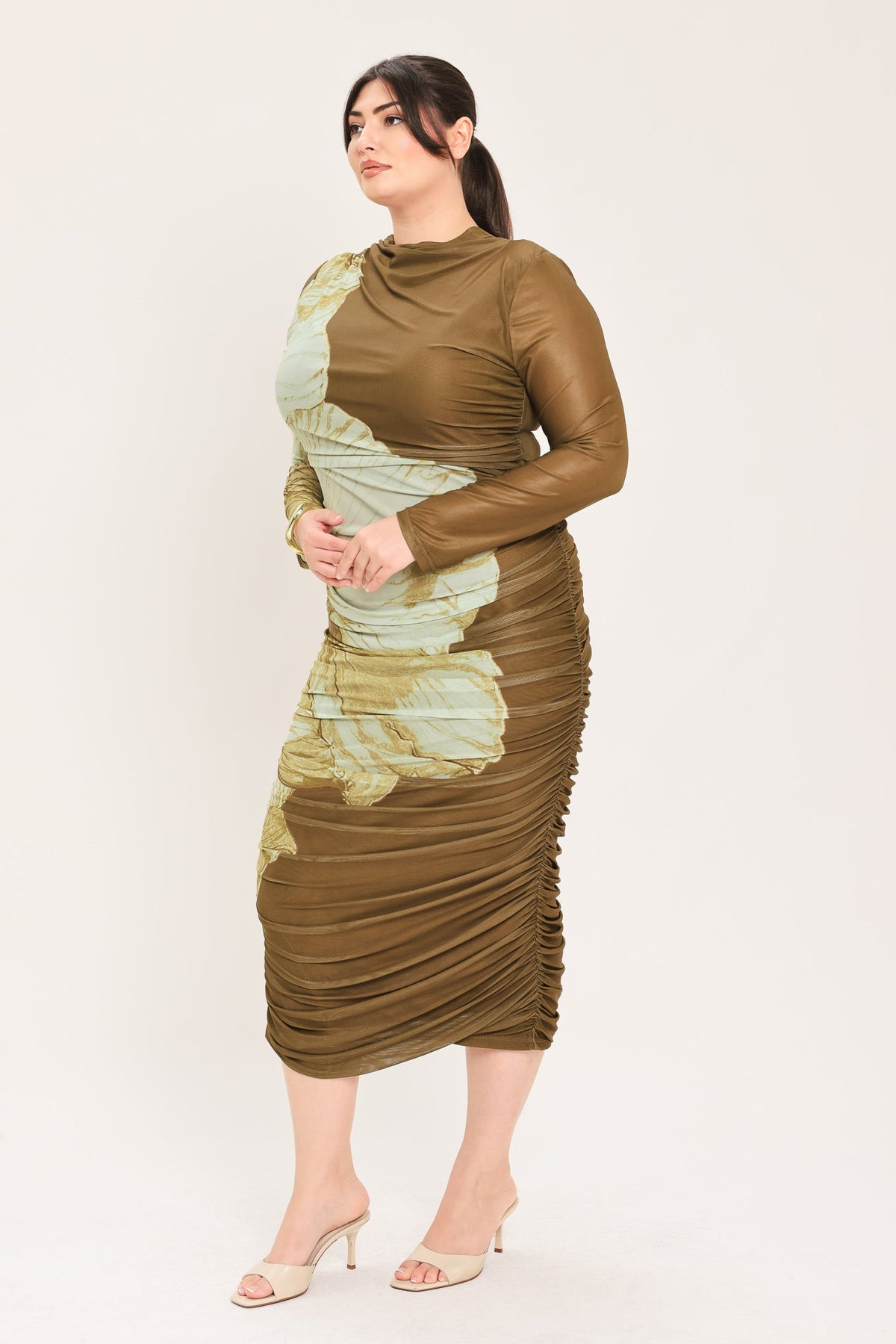 Flying Tomato Brown Blossom Contour Power Mesh Midi Dress view 8 - Brown Flower Dress