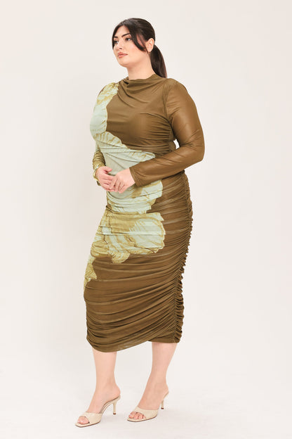 Flying Tomato Brown Blossom Contour Power Mesh Midi Dress view 8 - Brown Flower Dress